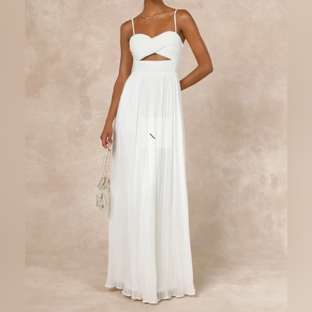 Lulu's Glorious Elegance White Cutout Bodice Pleated Strappy Maxi Dress